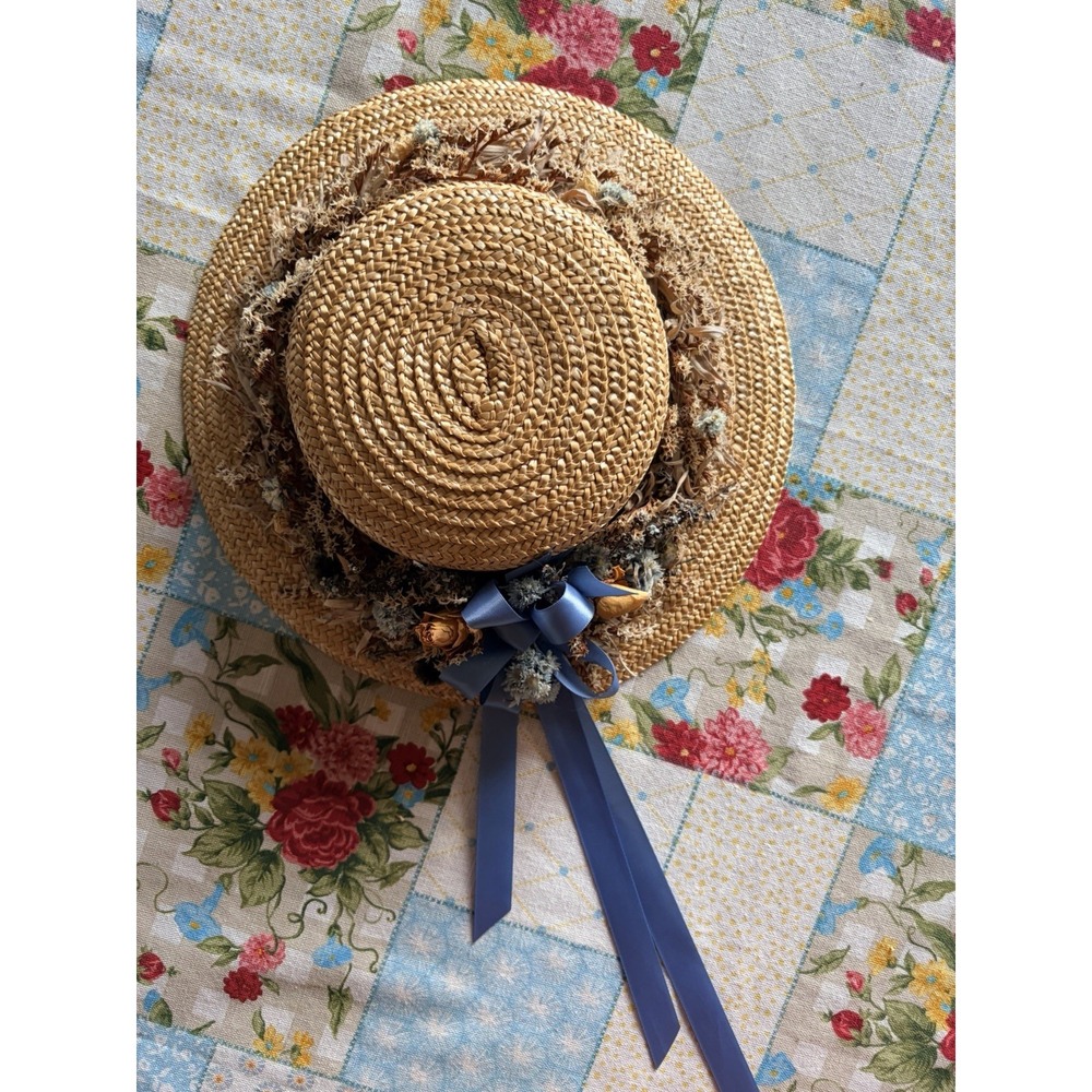 Cottage Hat Wall Pocket Straw Hat Blue Ribbon Floral Decor Vintage